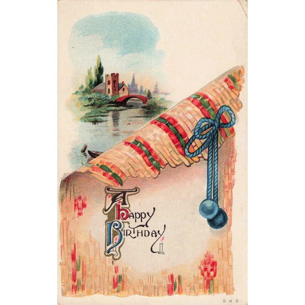 Vintage Happy Birthday Postcard Scenic Castle Landscape Trompe L'oeil Design